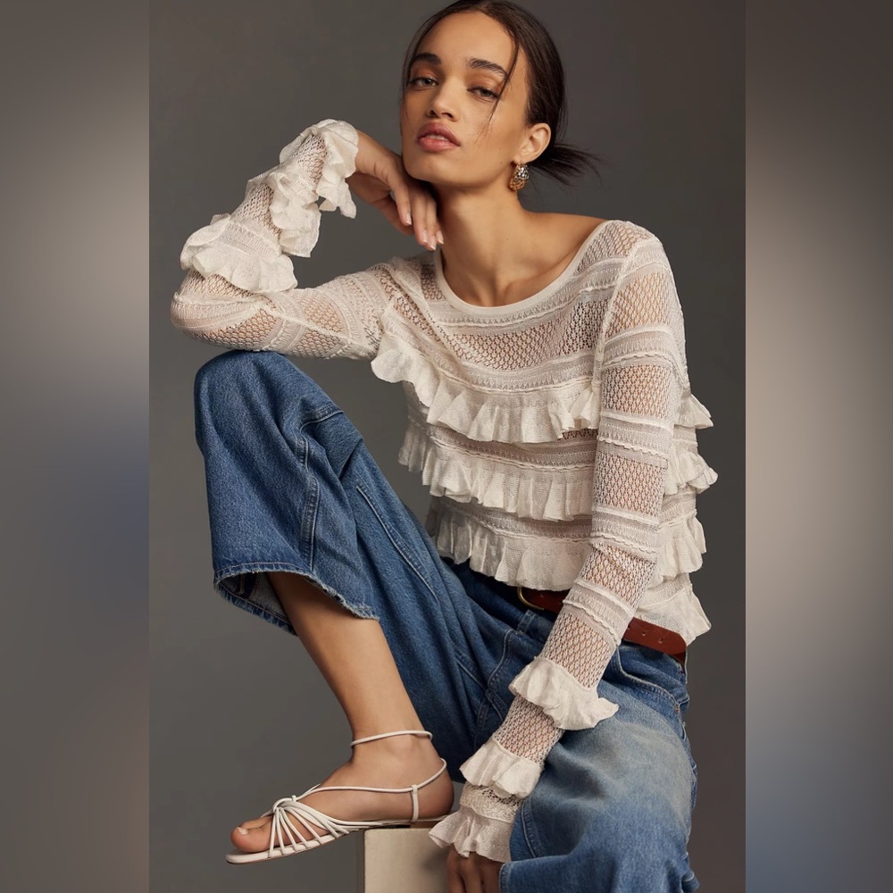 By Anthropologie Ruffle Sweater white size small